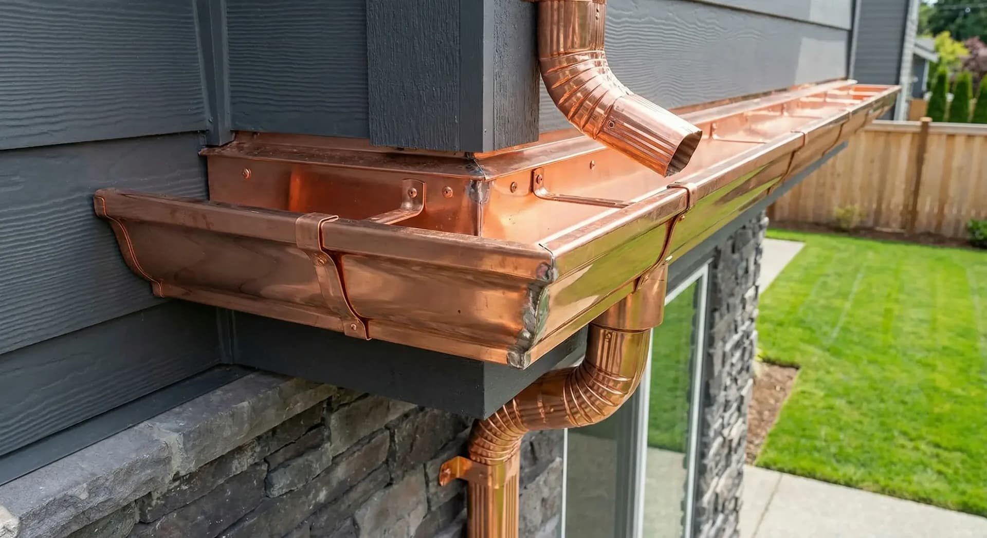 Copper gutter and downspout detail