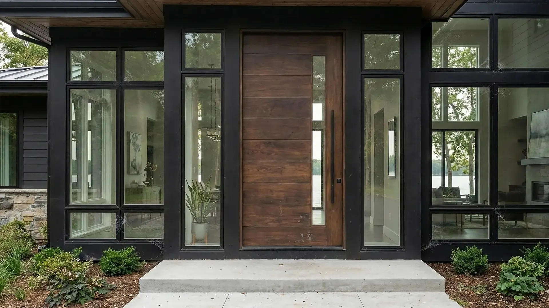 Black replacement windows integrated with new siding